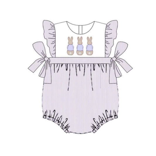 MOQ 5 preorder SR3380 Easter Bunny Purple Stripe Bows Flying Sleeve Girls Bubble Romper 202510