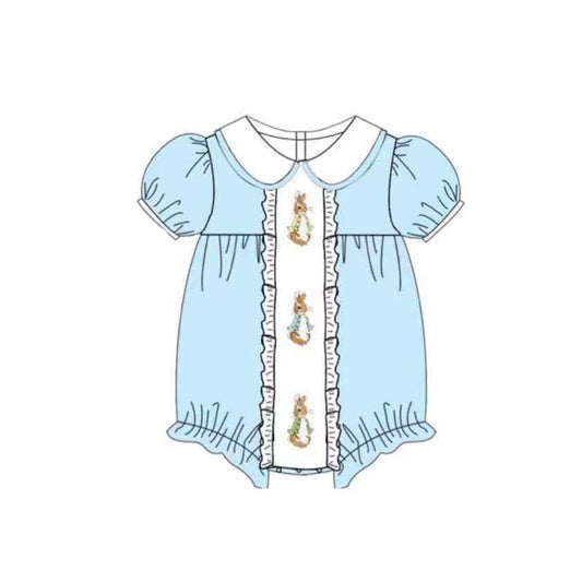 MOQ 5 preorder SR3382 Easter Bunny White Doll Collar Blue Short Sleeve Girls Bubble Romper 202510 Sibling