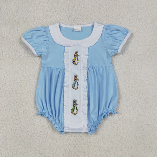 SR3382 Embroidered Easter Bunny White Doll Collar Blue Short Sleeve Girls Bubble Romper 202601 RTS Sibling