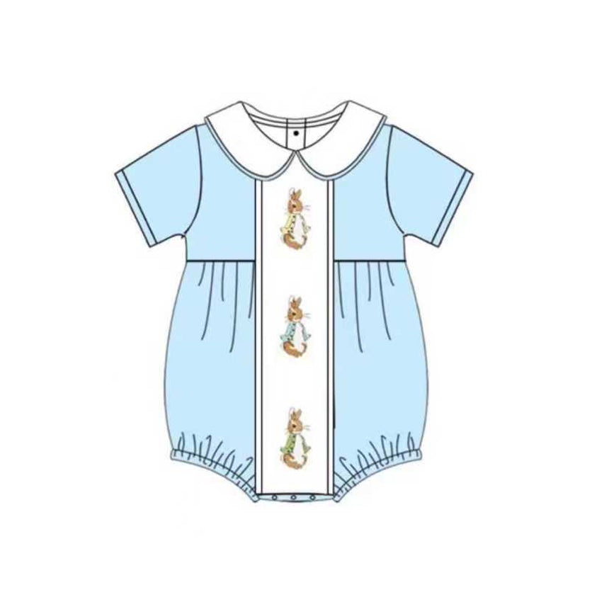 MOQ 5 preorder SR3383 Easter Bunny White Doll Collar Blue Short Sleeve Boys Bubble Romper 202510 Sibling