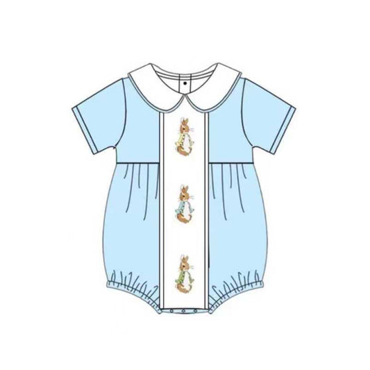 MOQ 5 preorder SR3383 Easter Bunny White Doll Collar Blue Short Sleeve Boys Bubble Romper 202510 Sibling