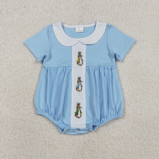 SR3383 Embroidered Easter Bunny White Doll Collar Blue Short Sleeve Boys Bubble Romper 202601 RTS Sibling