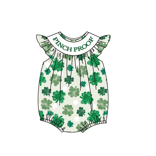 MOQ 5 preorder SR3388  St. Patrick's Day Pinch Proof Four-Leaf Clover Green Flying Sleeve Girl Bubble Romper 202510