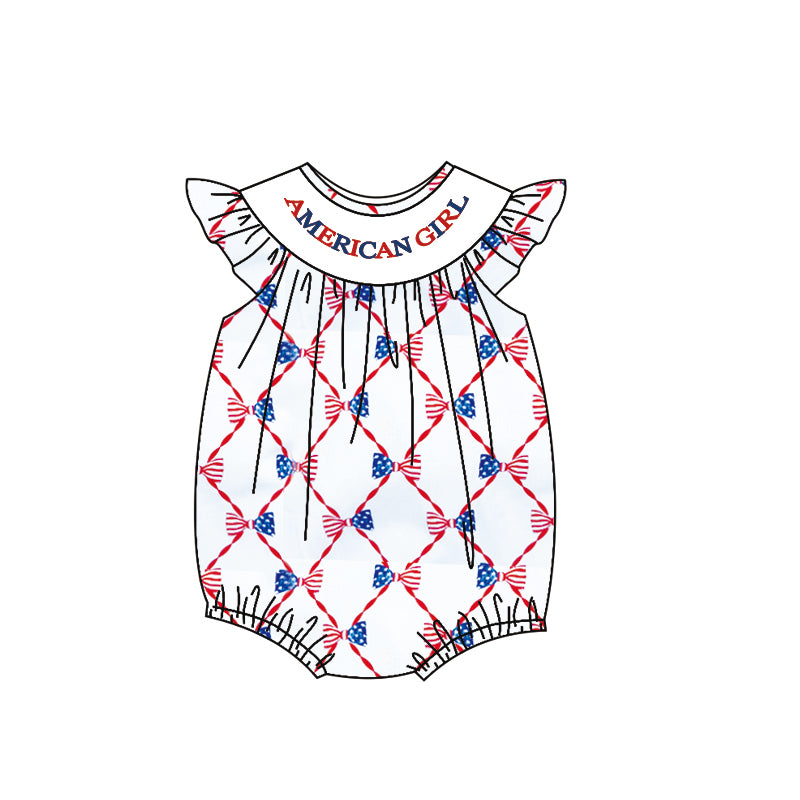 MOQ 5 preorder SR3389 4th of July Star Stripe Bows Flying Sleeve Girl Bubble Romper 202510