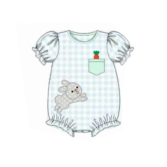 MOQ 5 preorder SR3392 Easter Bunny Pocket Green Plaid Short Sleeve Girl Bubble Romper 202510 Sibling