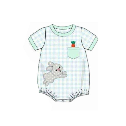 MOQ 5 preorder SR3393 Easter Bunny Pocket Green Plaid Short Sleeve Boys Bubble Romper 202510 Sibling