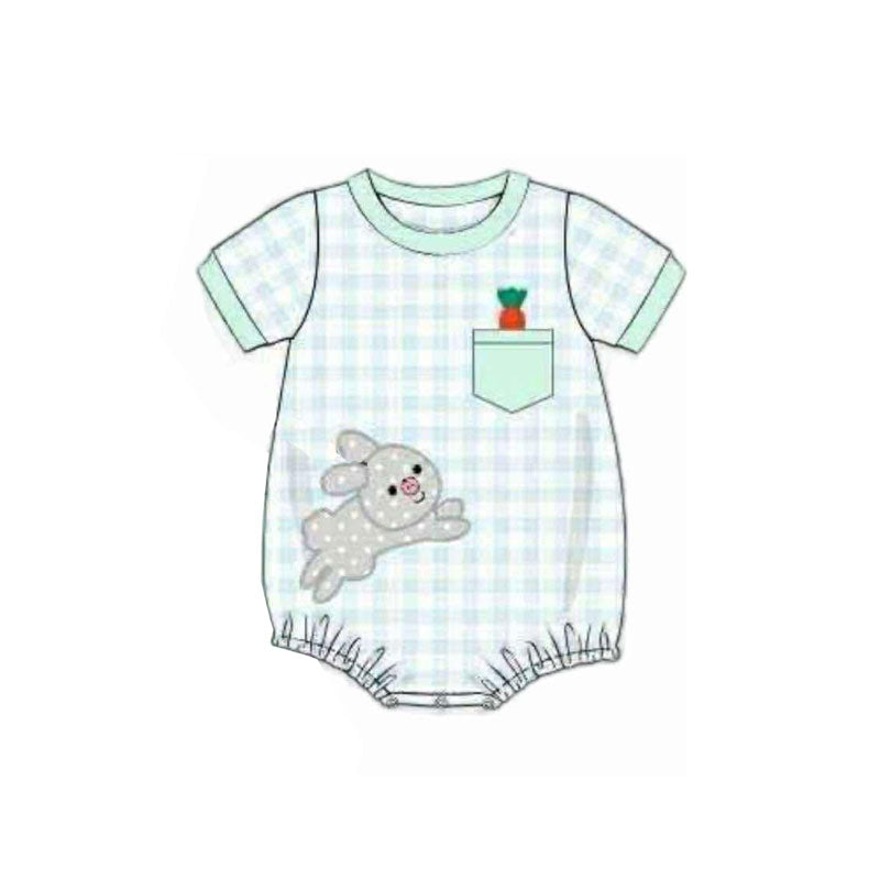 MOQ 5 preorder SR3393 Easter Bunny Pocket Green Plaid Short Sleeve Boys Bubble Romper 202510 Sibling