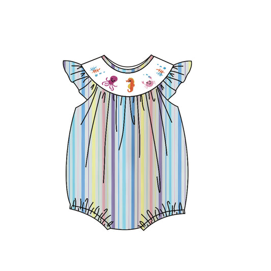 MOQ 5 preorder SR3394 Octopus Seahorse Crab Striped Flying Sleeve Girls Bubble Romper 202510