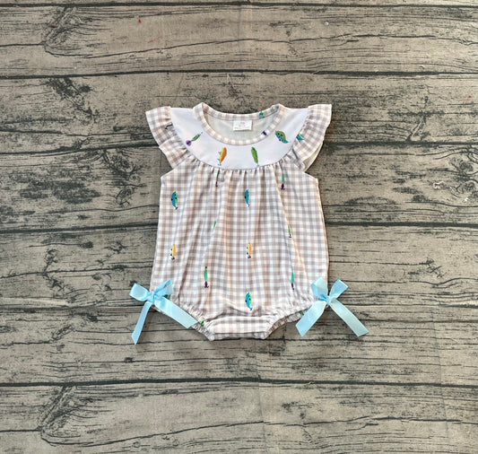 NO MOQ preorder SR3395 Embroidered Fish Pattern Gray Plaid Flying Sleeve Girls Bubble Romper 202511