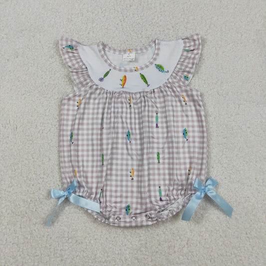 SR3395 Embroidered Fish Pattern Gray Plaid Flying Sleeve Girls Bubble Romper 202512 RTS