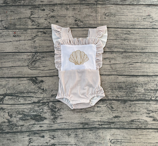 NO MOQ preorder SR3396 Embroidered Shell Gray Stripe Ruffle Flying Sleeve Girls Bubble Romper 202511