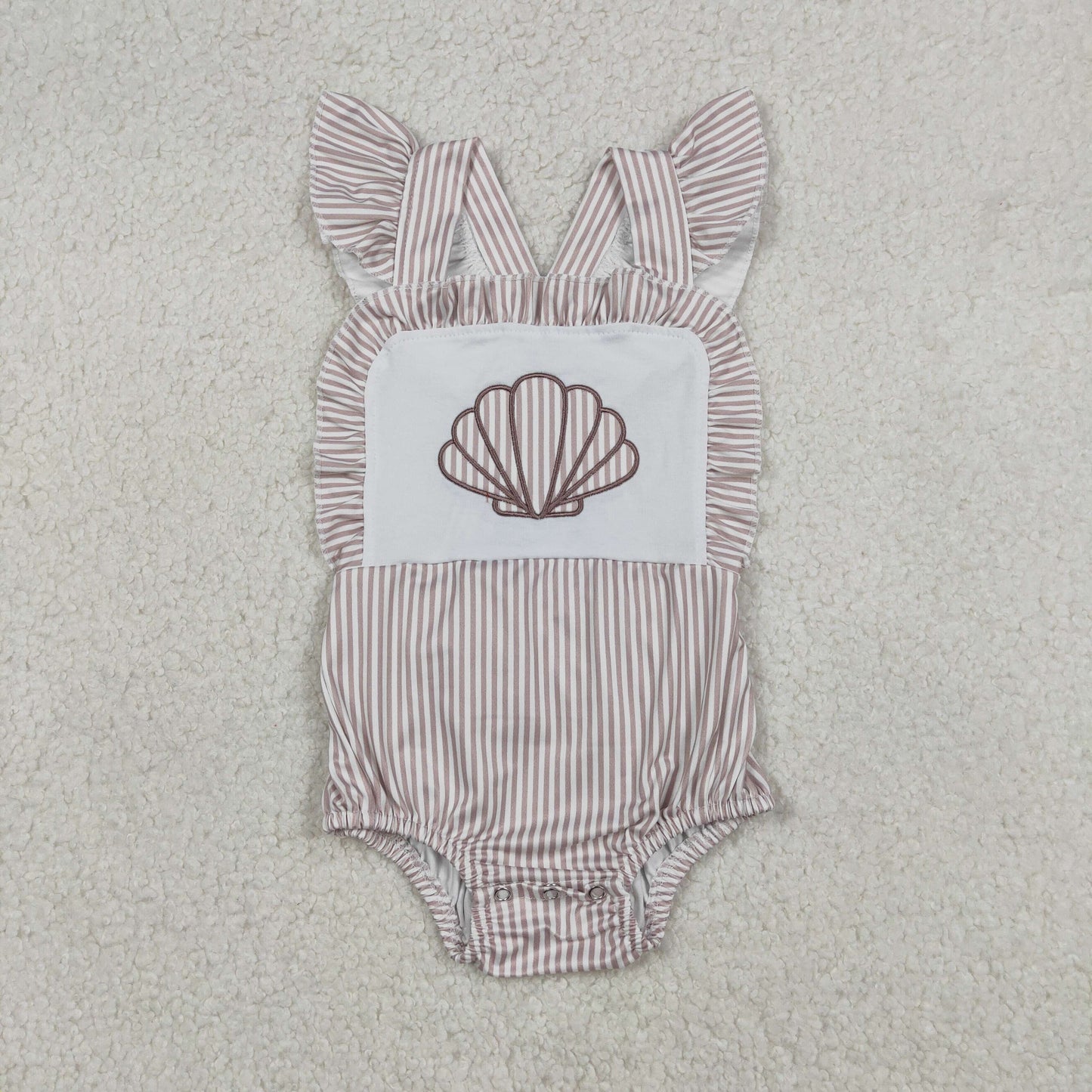 SR3396 Embroidered Shell Gray Stripe Ruffle Flying Sleeve Girls Bubble Romper 202512 RTS