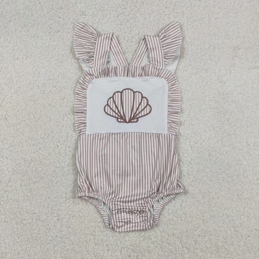 SR3396 Embroidered Shell Gray Stripe Ruffle Flying Sleeve Girls Bubble Romper 202512 RTS