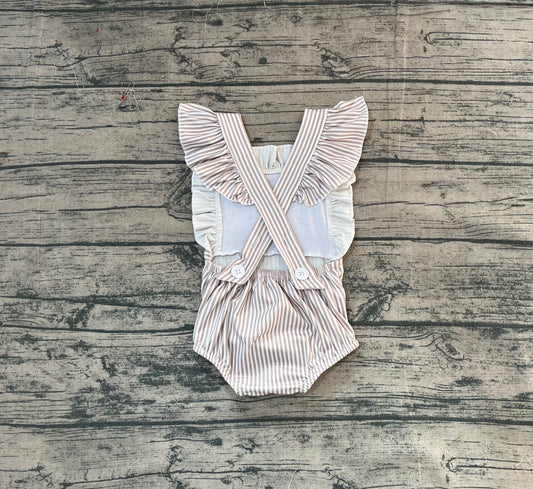 NO MOQ preorder SR3396 Embroidered Shell Gray Stripe Ruffle Flying Sleeve Girls Bubble Romper 202511