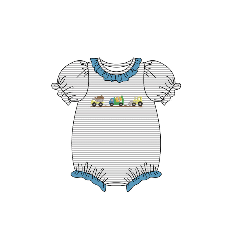 MOQ 5 preorder SR3398 Construction Vehicle Gray Stripe Blue Ruffle Short Sleeve Girls Bubble Romper 202510