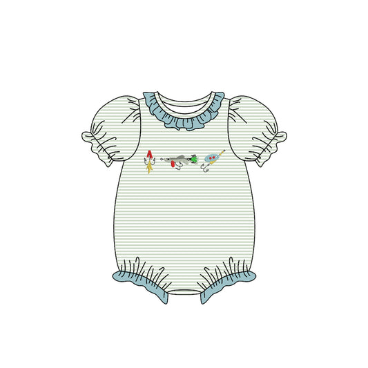 MOQ 5 preorder SR3402 Fishing Bait Green Stripe Ruffle Short Sleeve Girls Bubble Romper 202510