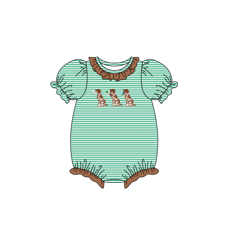 MOQ 5 preorder SR3404 Dalmatian Duck Green Stripe Brown Ruffle Girls Bubble Romper 202510