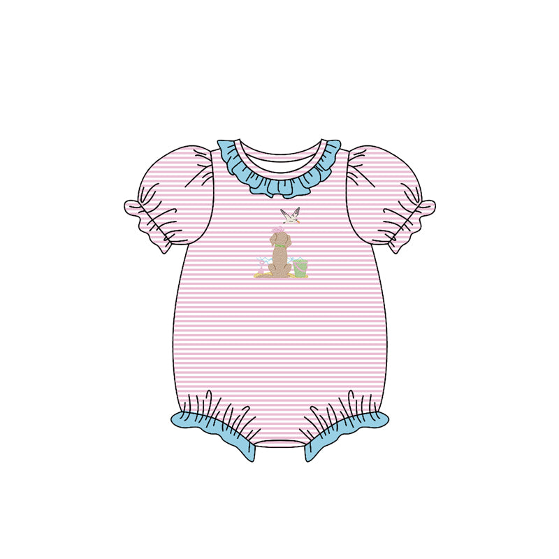MOQ 5 preorder SR3406 Puppy Duck Beach Bucket Pink Stripe Blue Ruffle Short Sleeve Girls Bubble Romper 202510
