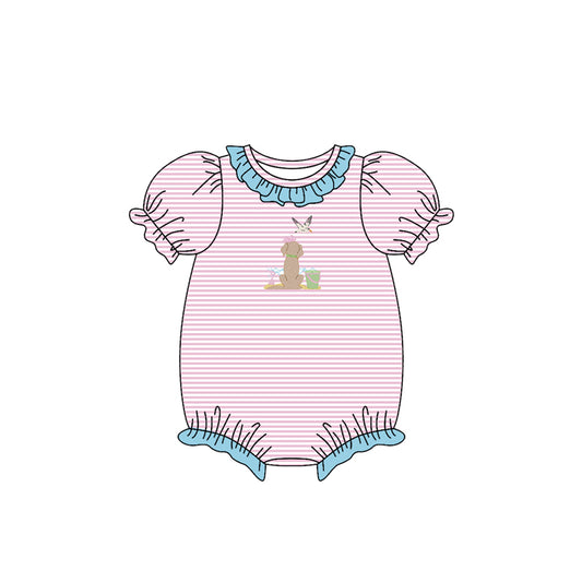 MOQ 5 preorder SR3406 Puppy Duck Beach Bucket Pink Stripe Blue Ruffle Short Sleeve Girls Bubble Romper 202510