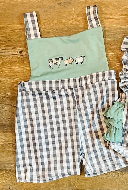 MOQ 5 preorder SR3411 Cow Pig Sheep Farm Animals Gray Plaid Green Sleeveless Boys Romper 202510