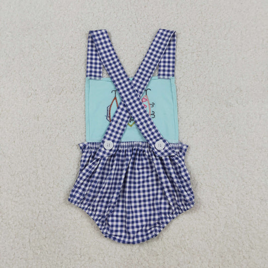 SR3412 Embroidered Cow Pig Sheep Farm Animals Gray Plaid Ruffle Green Sleeveless Girls Romper 202512 RTS