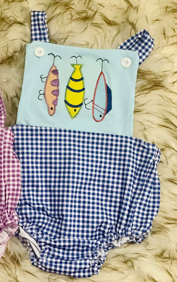 MOQ 5 preorder SR3413 Fishing Bait Blue Plaid Sleeveless Girls Romper 202510