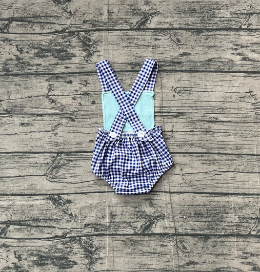 NO MOQ preorder SR3413 Fishing Bait Blue Plaid Sleeveless Girls Romper 202511