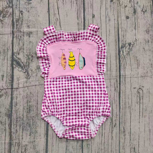 NO MOQ preorder SR3414 Embroidered Fishing Bait Rose Red Ruffle Plaid Sleeveless Girls Romper 202511