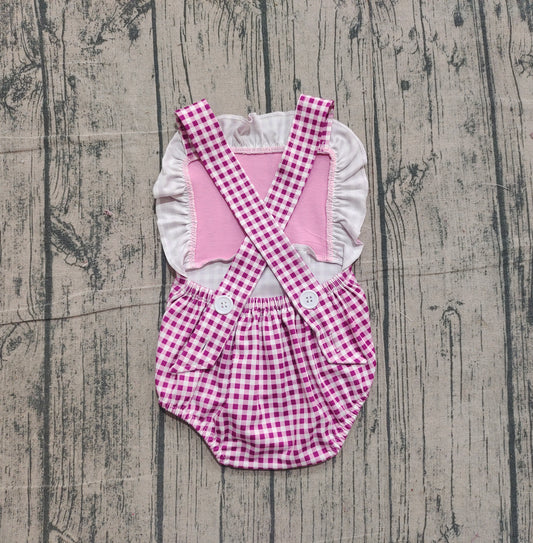 NO MOQ preorder SR3414 Embroidered Fishing Bait Rose Red Ruffle Plaid Sleeveless Girls Romper 202511