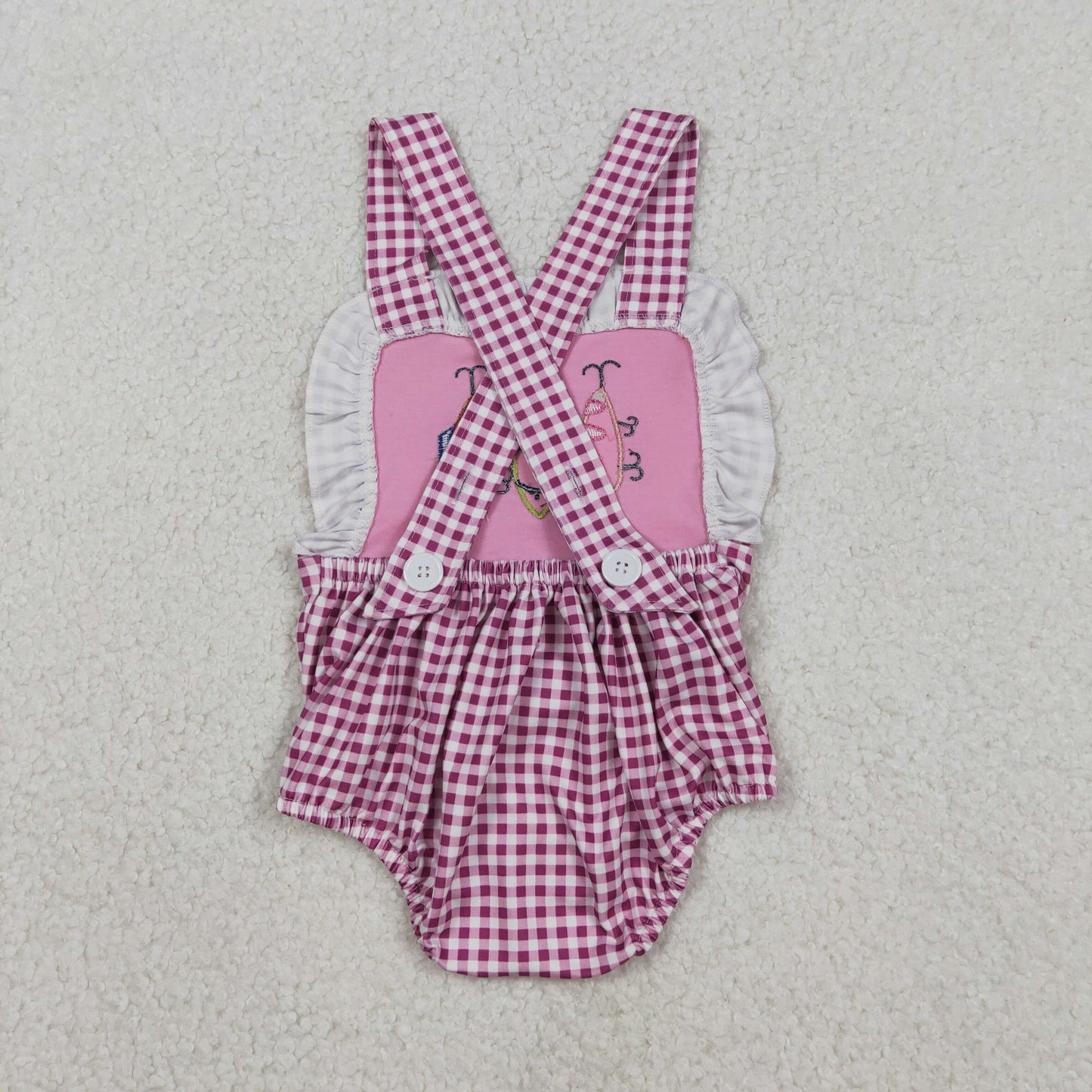 SR3414 Embroidered Fishing Bait Rose Red Ruffle Plaid Sleeveless Girls Bubble Romper 202512 RTS