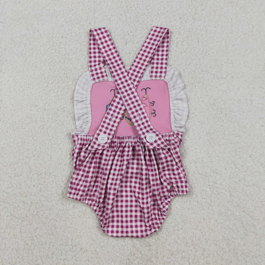 SR3414 Embroidered Fishing Bait Rose Red Ruffle Plaid Sleeveless Girls Bubble Romper 202512 RTS