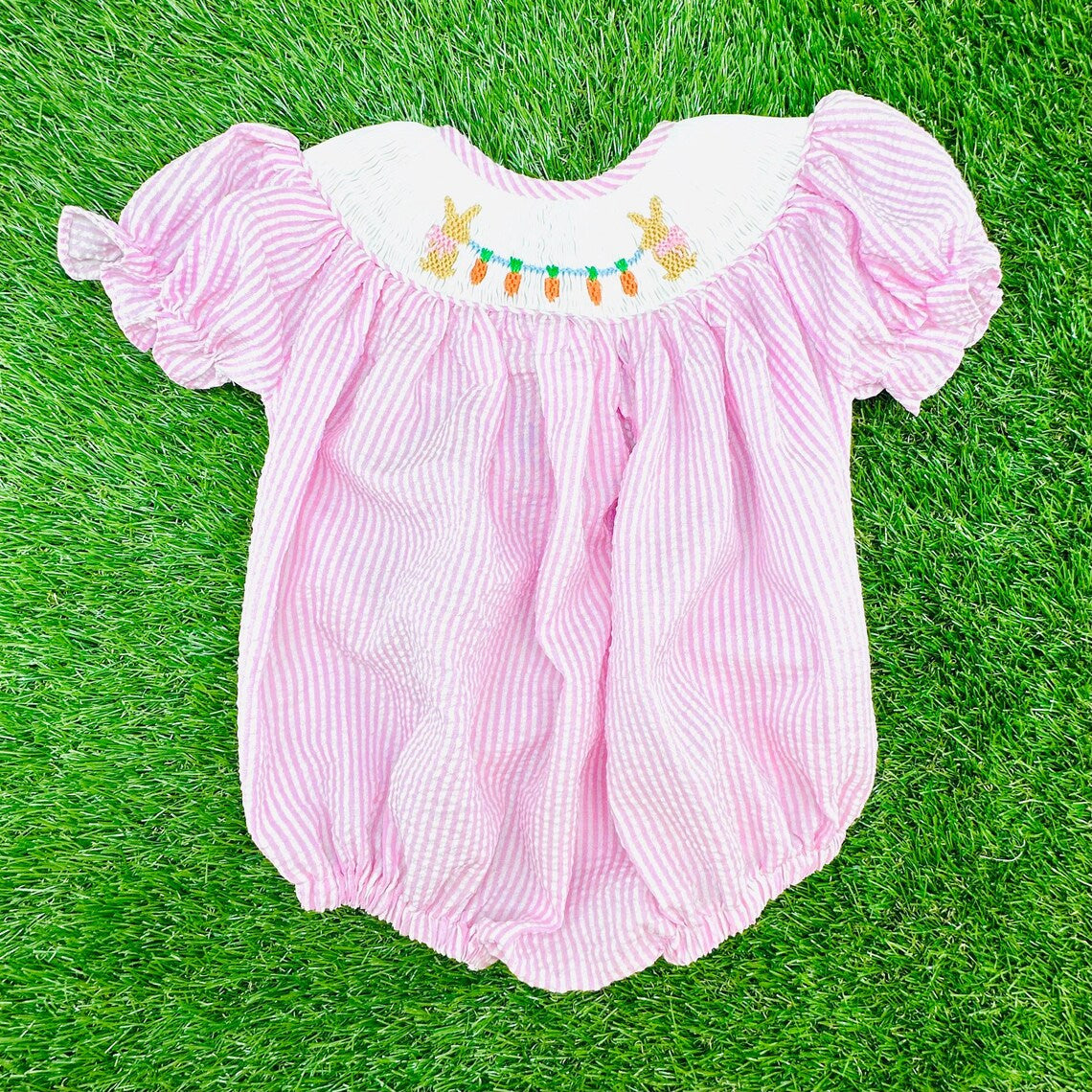 MOQ 5 preorder SR3416 Easter Bunny Carrots Pink Stripe Short Sleeve Girls Bubble Romper 202510