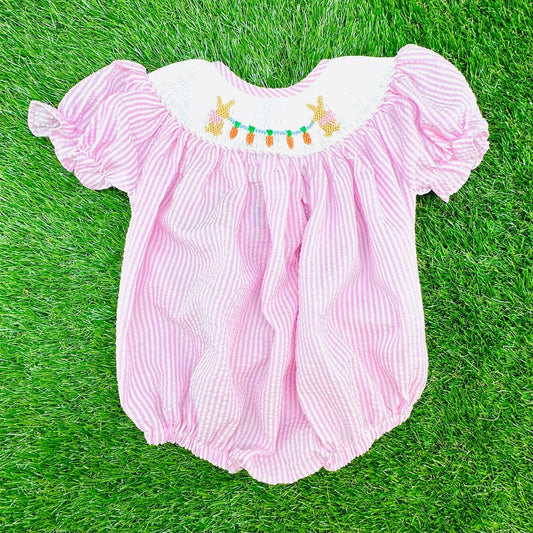 MOQ 5 preorder SR3416 Easter Bunny Carrots Pink Stripe Short Sleeve Girls Bubble Romper 202510
