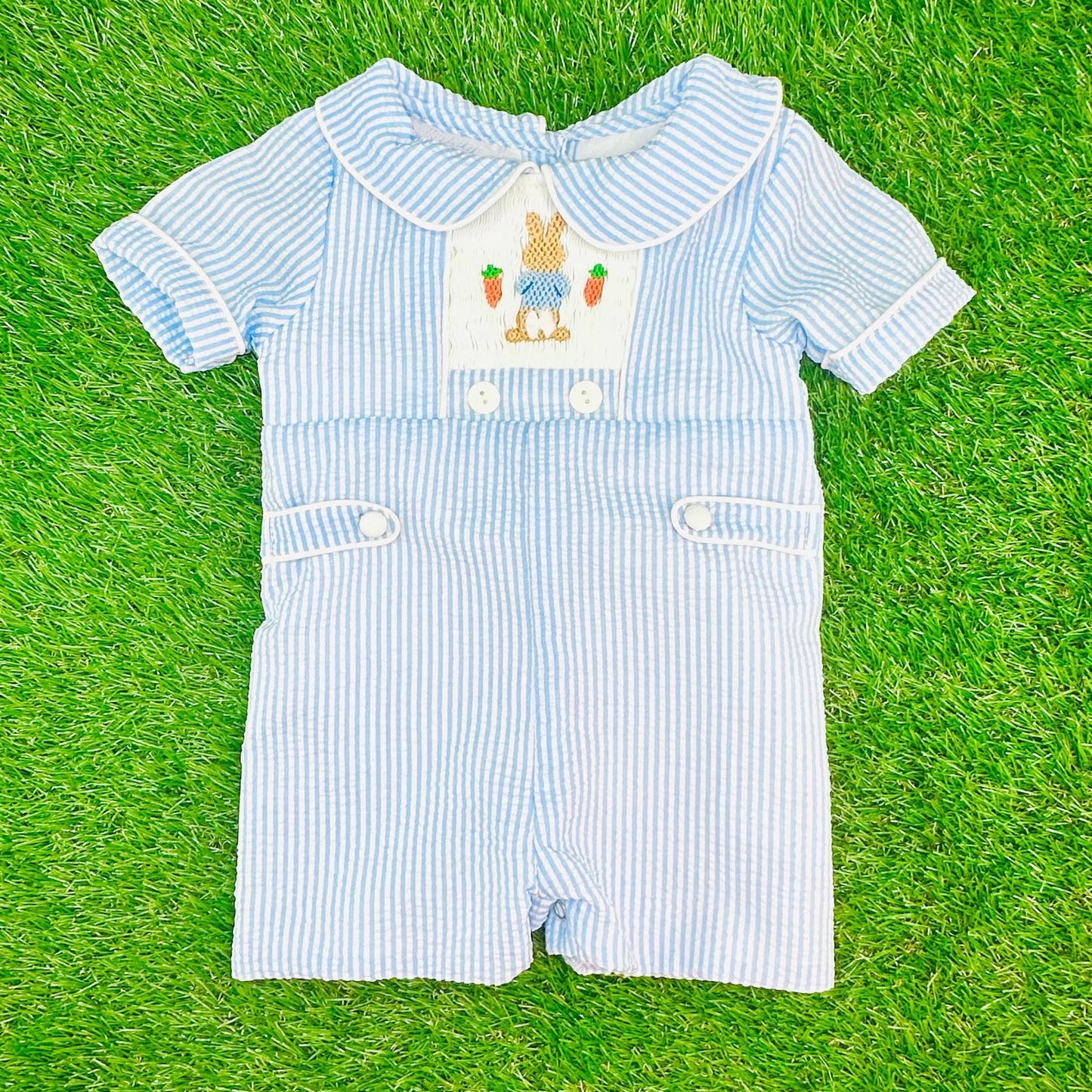 MOQ 5 preorder SR3417 Easter Bunny Carrots Blue Stripe Doll Collar Short Sleeve Boys Romper 202510