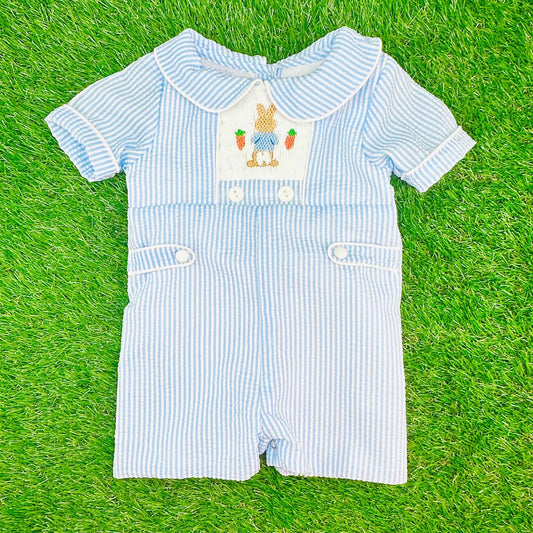MOQ 5 preorder SR3417 Easter Bunny Carrots Blue Stripe Doll Collar Short Sleeve Boys Romper 202510
