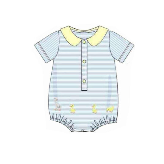 MOQ 5 preorder SR3418 Duck Blue Stripe Yellow Doll Collar Short Sleeve Boys Bubble Romper 202510