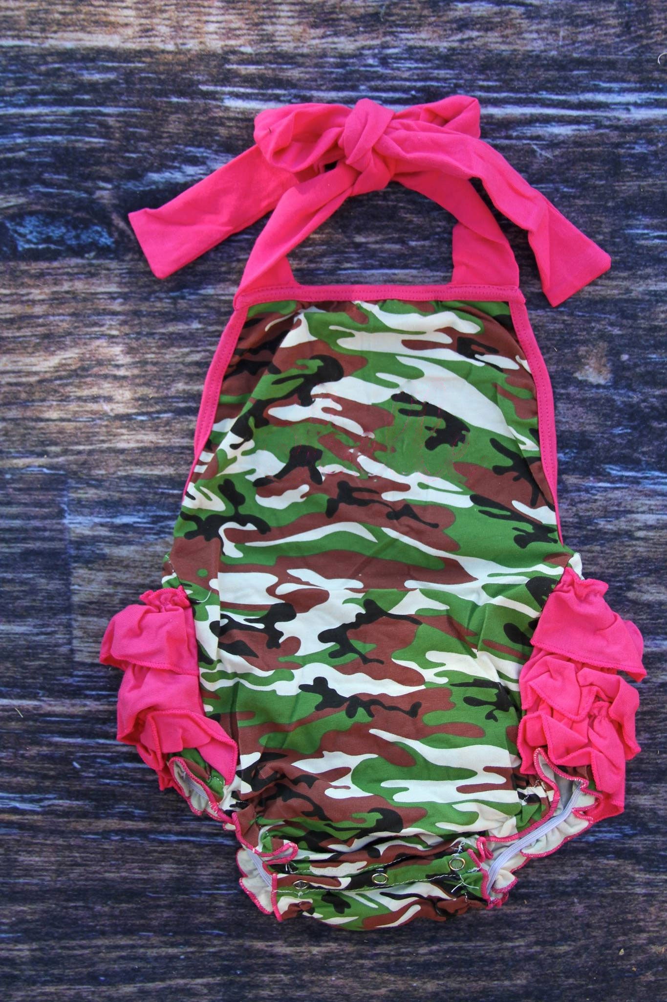 MOQ 5 preorder SR3420 Camouflage Rose Red Ruffle Halter Girls Bubble Romper 202510