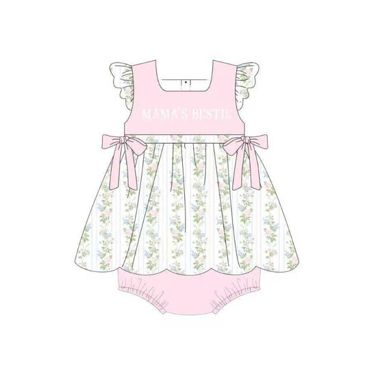 MOQ 5 preorder SR3423 MAMA'S BESTIE Flower Stripe Pink Bows Flying Sleeve Girls Bubble Romper 202510