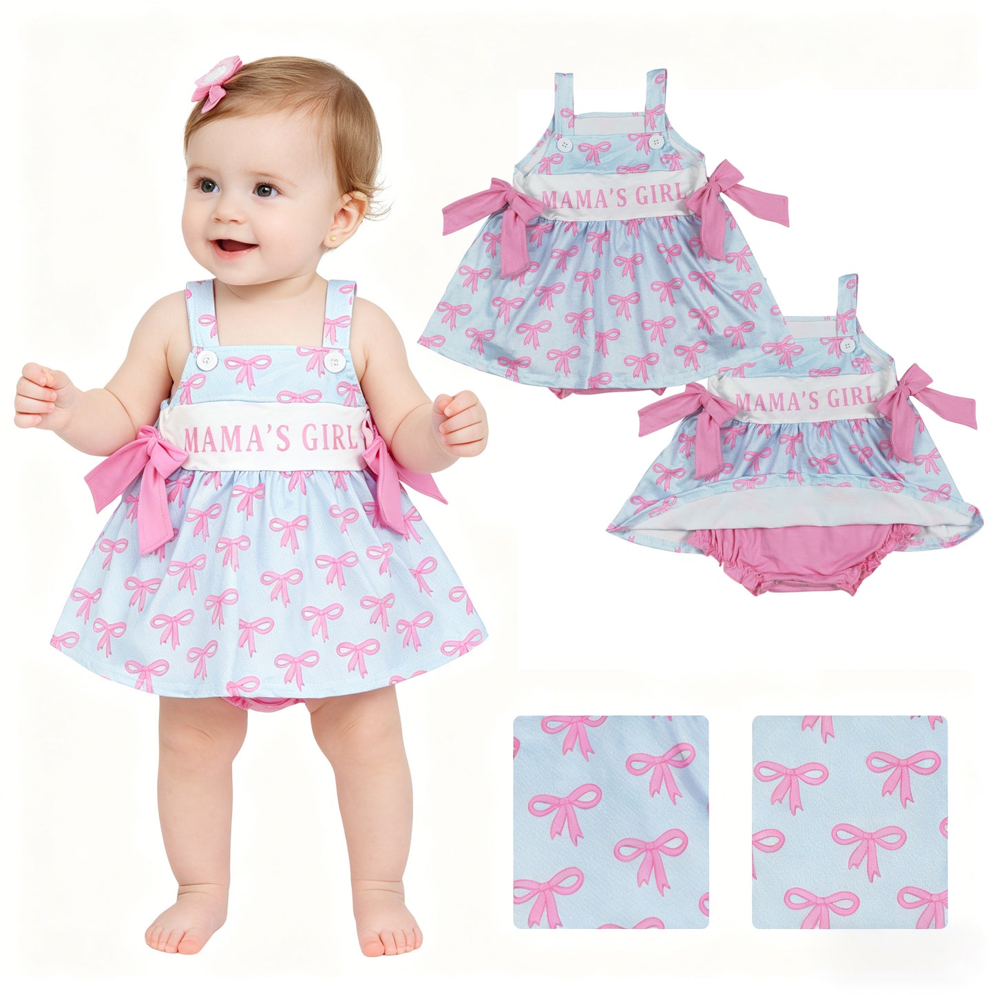 SR3426 MAMA‘S GIRL Pink Bows Blue Sleeveless Girls Bubble Romper 202604 RTS