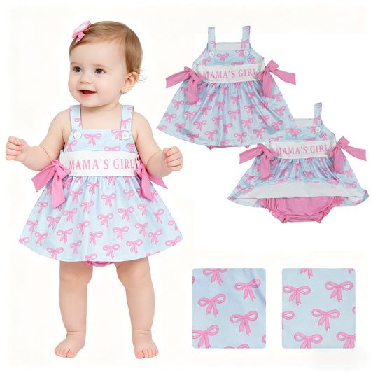 SR3426 MAMA‘S GIRL Pink Bows Blue Sleeveless Girls Bubble Romper 202604 RTS