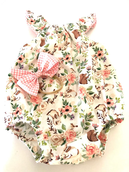 MOQ 5 preorder SR3427 Easter Bunny Flower Leaf Sleeveless Girls Bubble Romper 202510