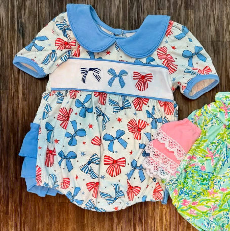 MOQ 5 preorder SR3430 4th of July Bows Ruffle Blue Doll Collar Short Sleeve Girls Bubble Romper 202510