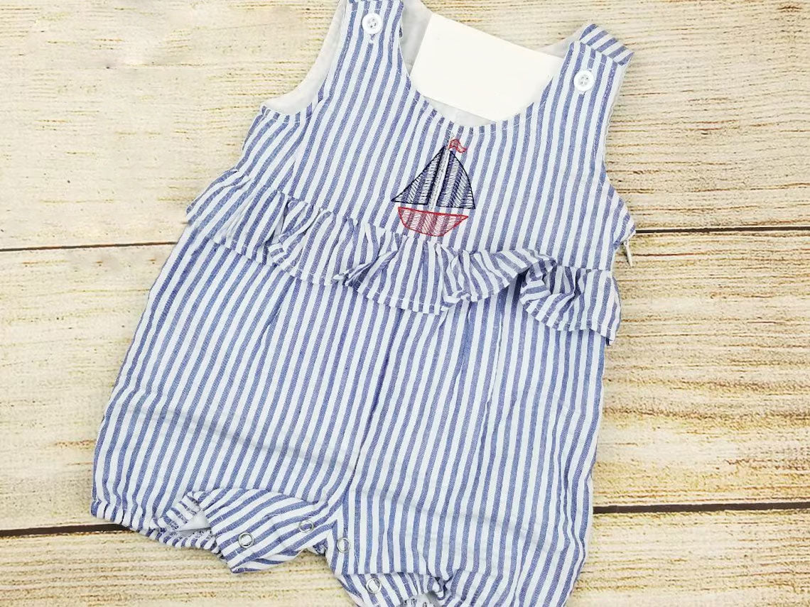 MOQ 5 preorder SR3431 Sailboat Blue Stripe Ruffle Sleeveless Girls Romper 202510 Sibling