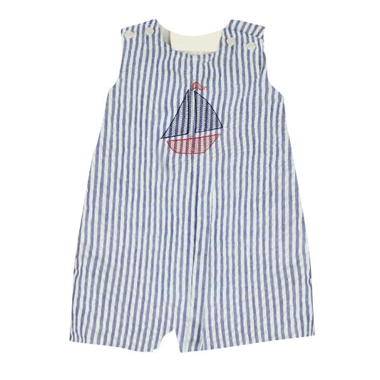 MOQ 5 preorder SR3432 Sailboat Blue Stripe Sleeveless Boys Romper 202510 Sibling