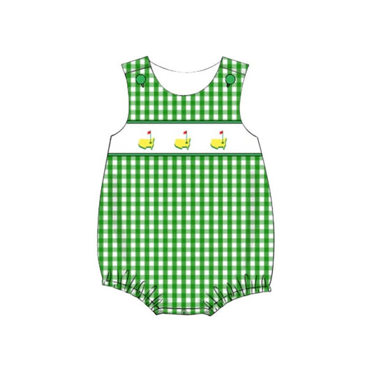 MOQ 5 preorder SR3454 Golf Course Red Flag Green Plaid Sleeveless Boys Bubble Romper 202510 Sibling