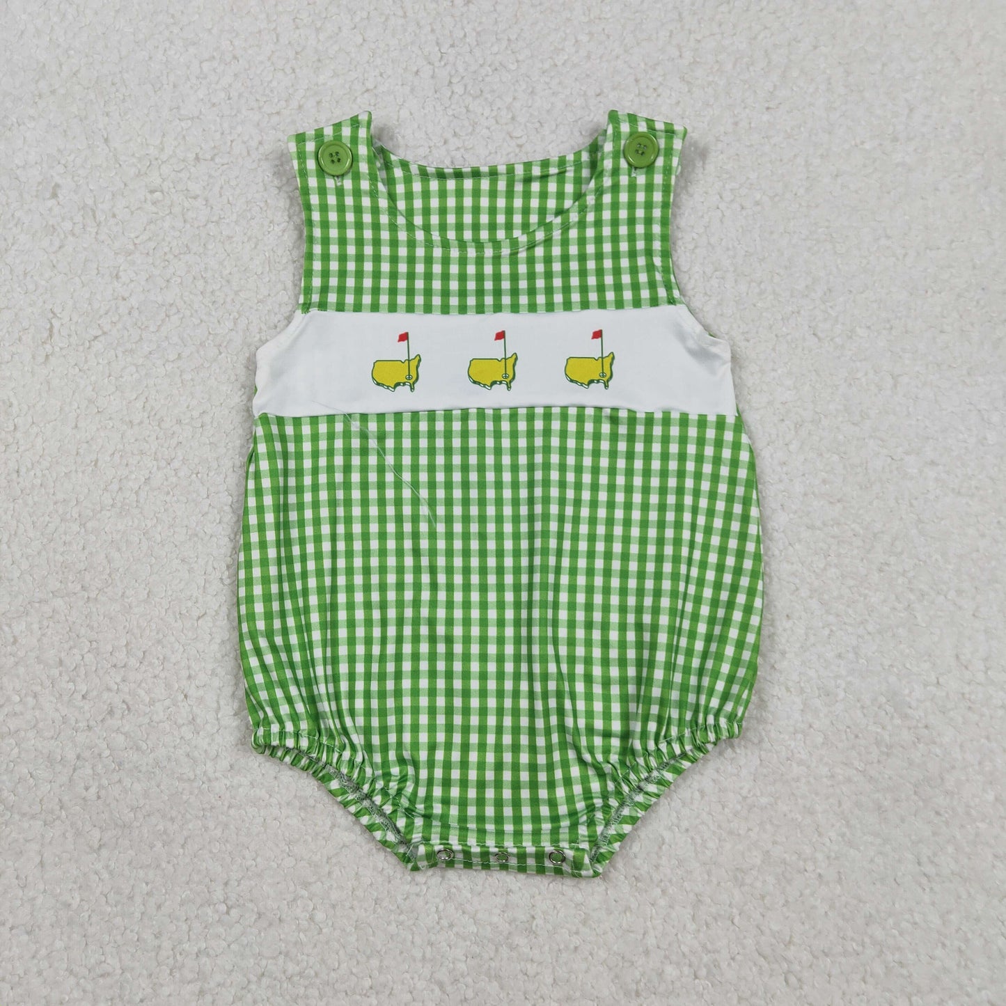 SR3454 Golf Course Red Flag Green Plaid Sleeveless Boys Bubble Romper 202601 RTS Sibling