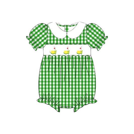 MOQ 5 preorder SR3455 Golf Course Red Flag Green Plaid White Doll Collar Short Sleeve Girls Bubble Romper 202510 Sibling