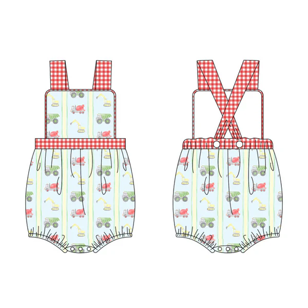 MOQ 5 preorder SR3457 Construction Vehicle Yellow Blue Stripe Red Plaid Ruffle Halter Girls Bubble Romper 202510 Sibling