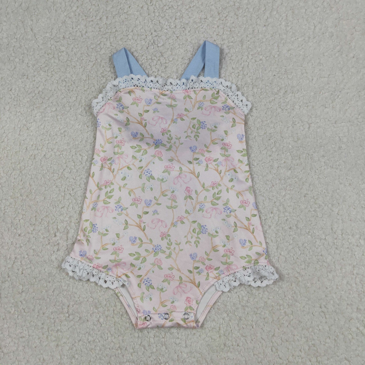 SR3461 Flower White Ruffle Blue Sleeveless Girls Bubble Romper 202604 RTS Sibling