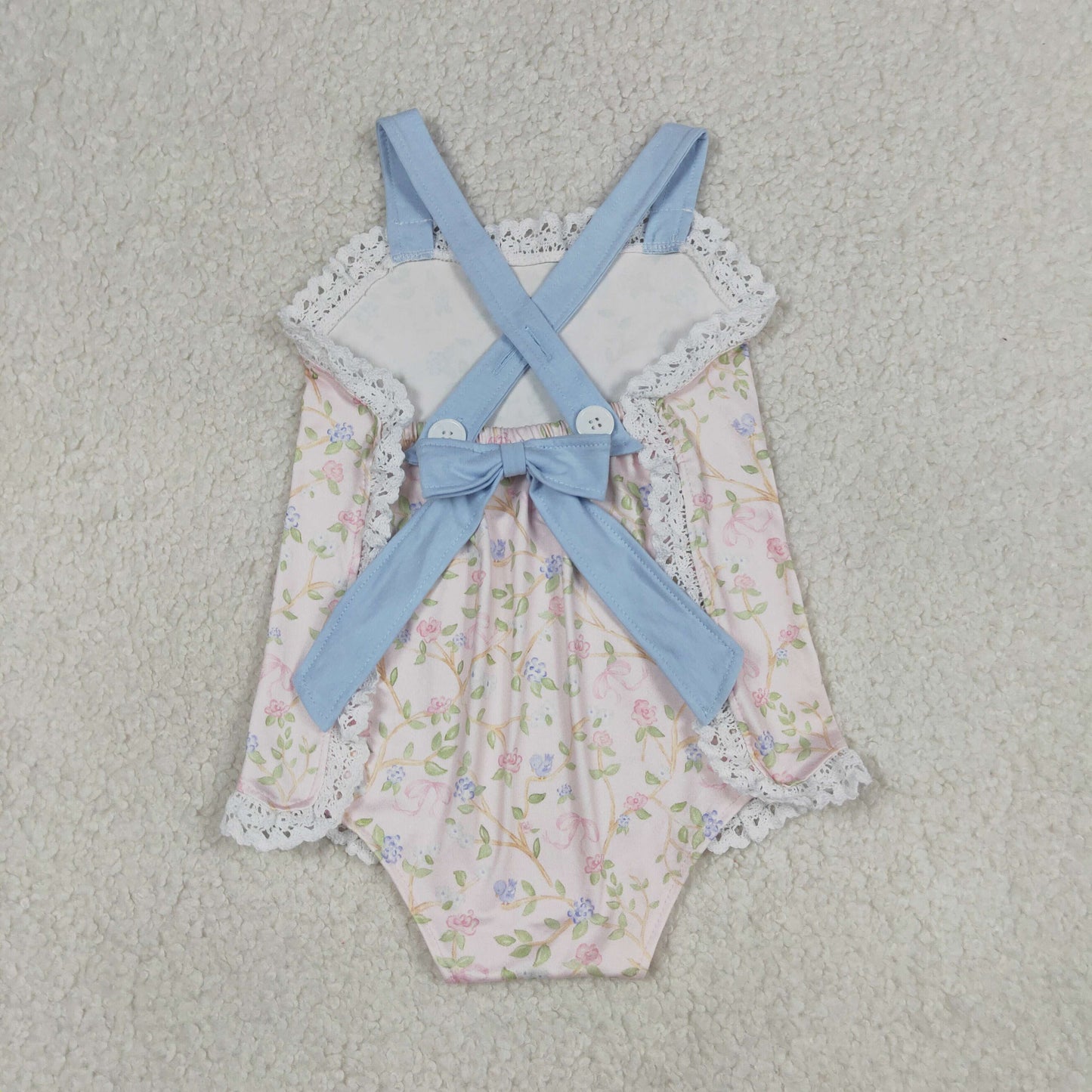 SR3461 Flower White Ruffle Blue Sleeveless Girls Bubble Romper 202604 RTS Sibling